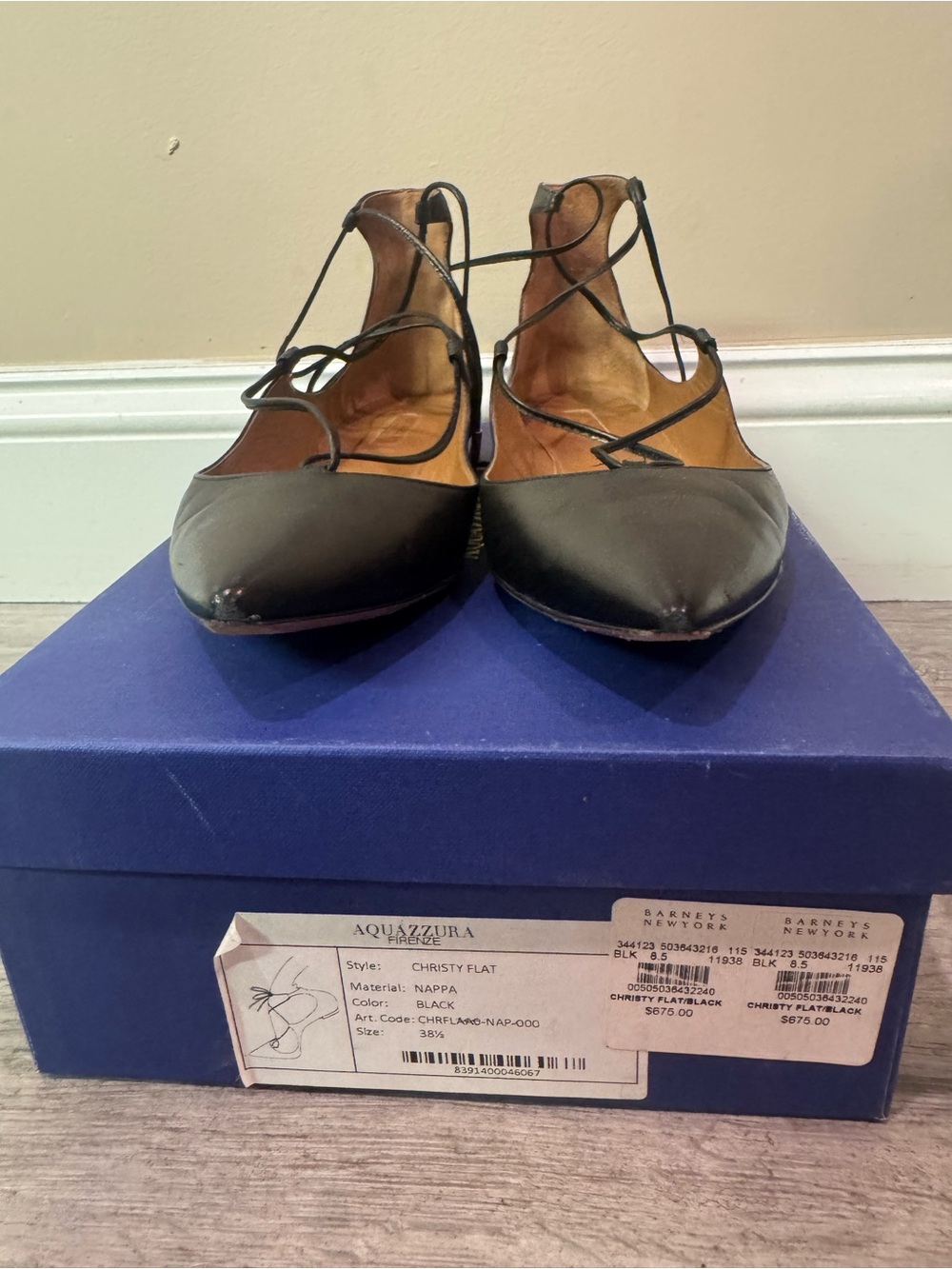 Aquazzura Black Pointed Lace-Up Flats
